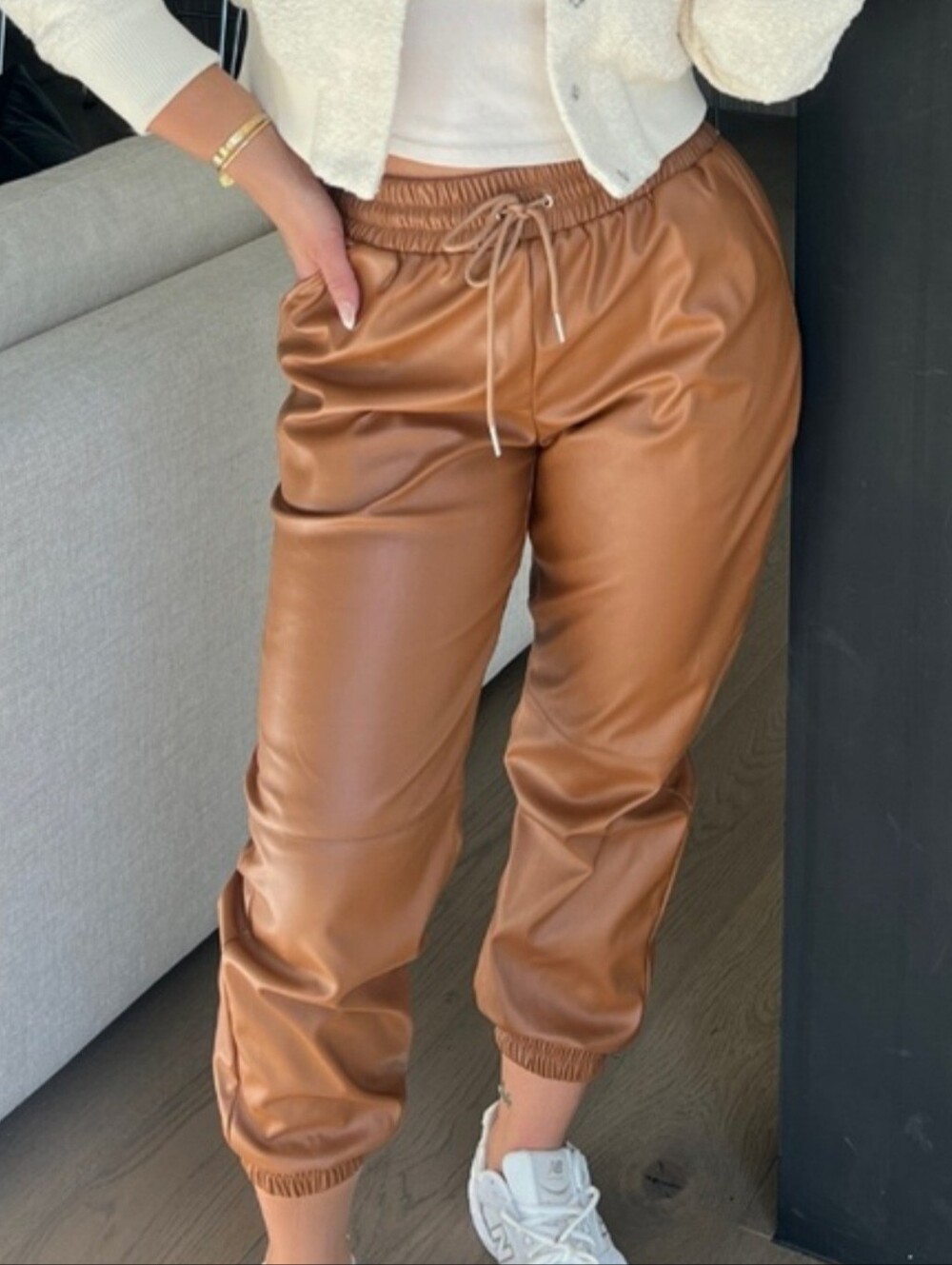 Bagatelle Faux Leather Drawstring Jogger Pants - Cognac Size Medium